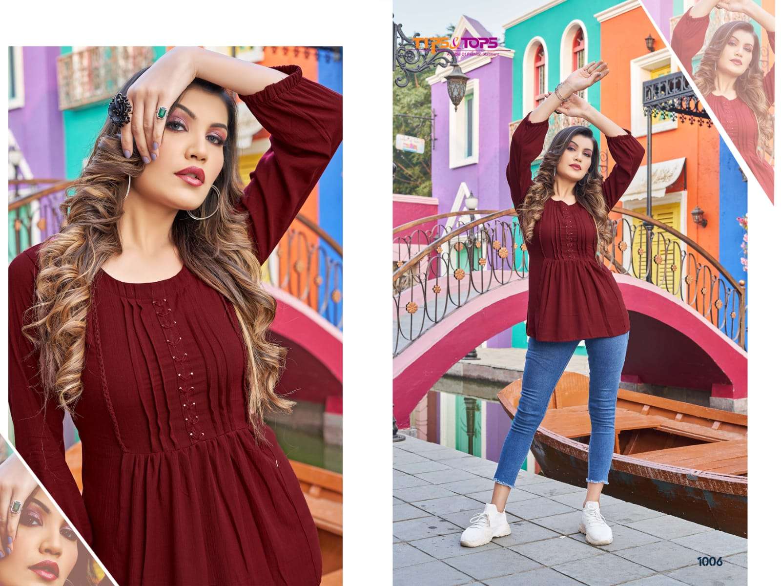 Tips & Tops-Pepe Tops Vol 05-Reyon-Wrinkle-Embroidery-Work-Fancy-Short-Top-1006